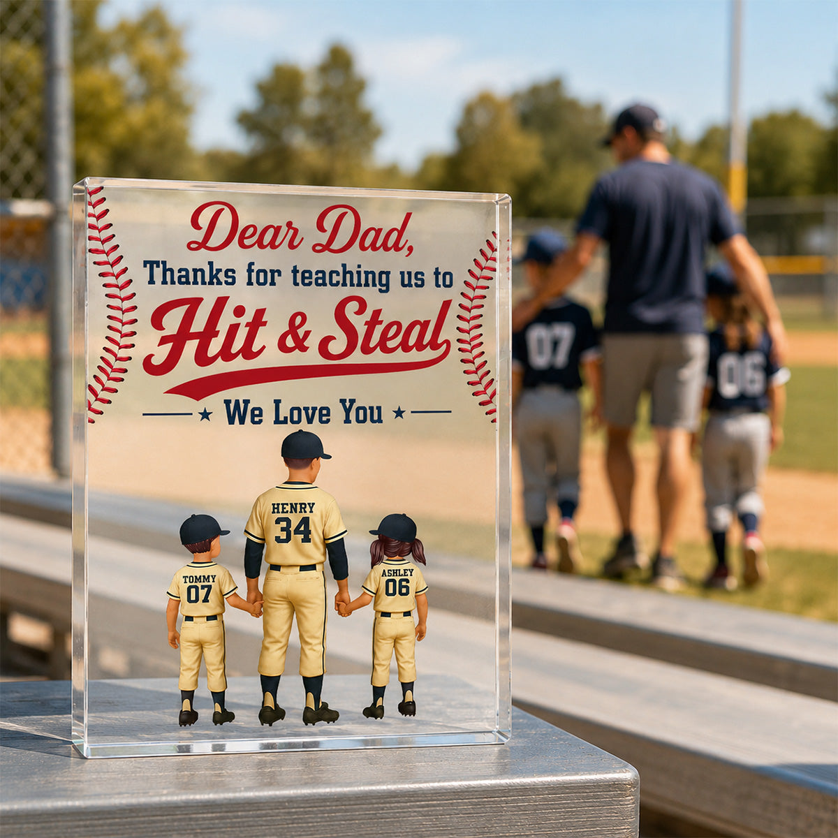 Thank You For Teaching Us To Hit & Steal Baseball Dad & Kids - Personalized Acrylic Block Plaque -  Gift For Dad, Husband