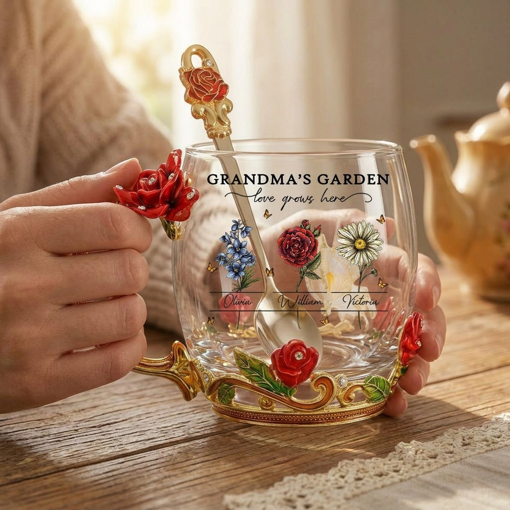 Vintage Grandma Garden Custom Birth Month Flowers - Personalized Enamel Flower Tea Cup - Gift For Grandma, Mom