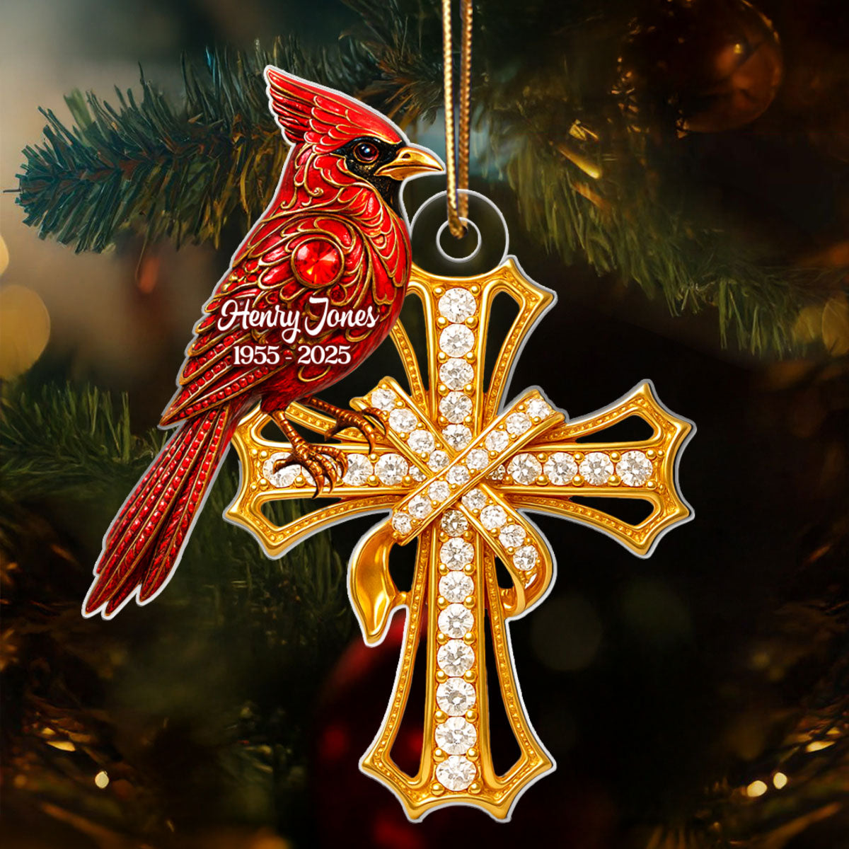 Red Cardinal On Cross 3D Crystal Effect - Personalized Acrylic Ornament - Family Memorial Keepsake