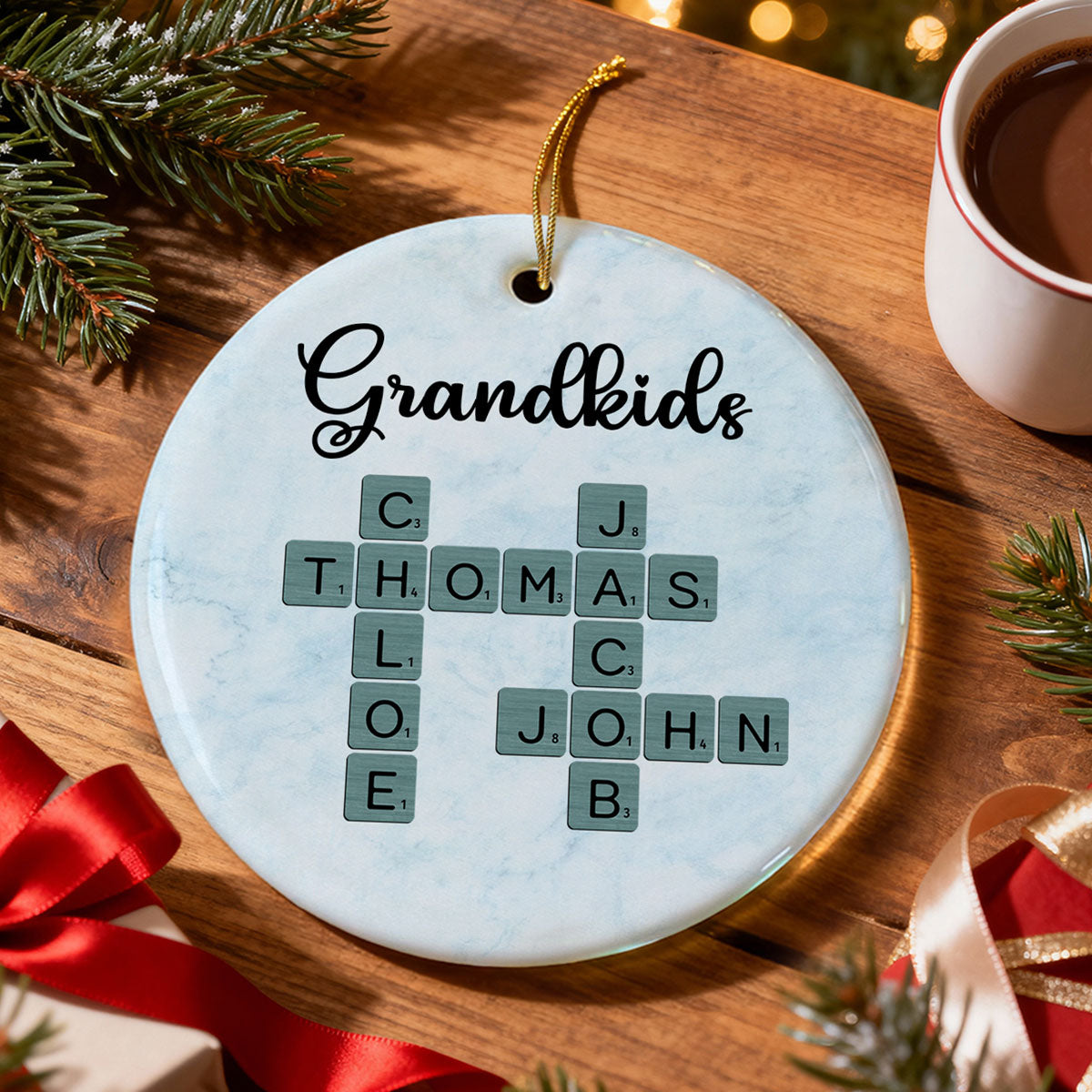 Grandkids Crossword Art - Personalized Ceramic Ornament - Sentimental Gift for Grandma Grandpa Grandkids