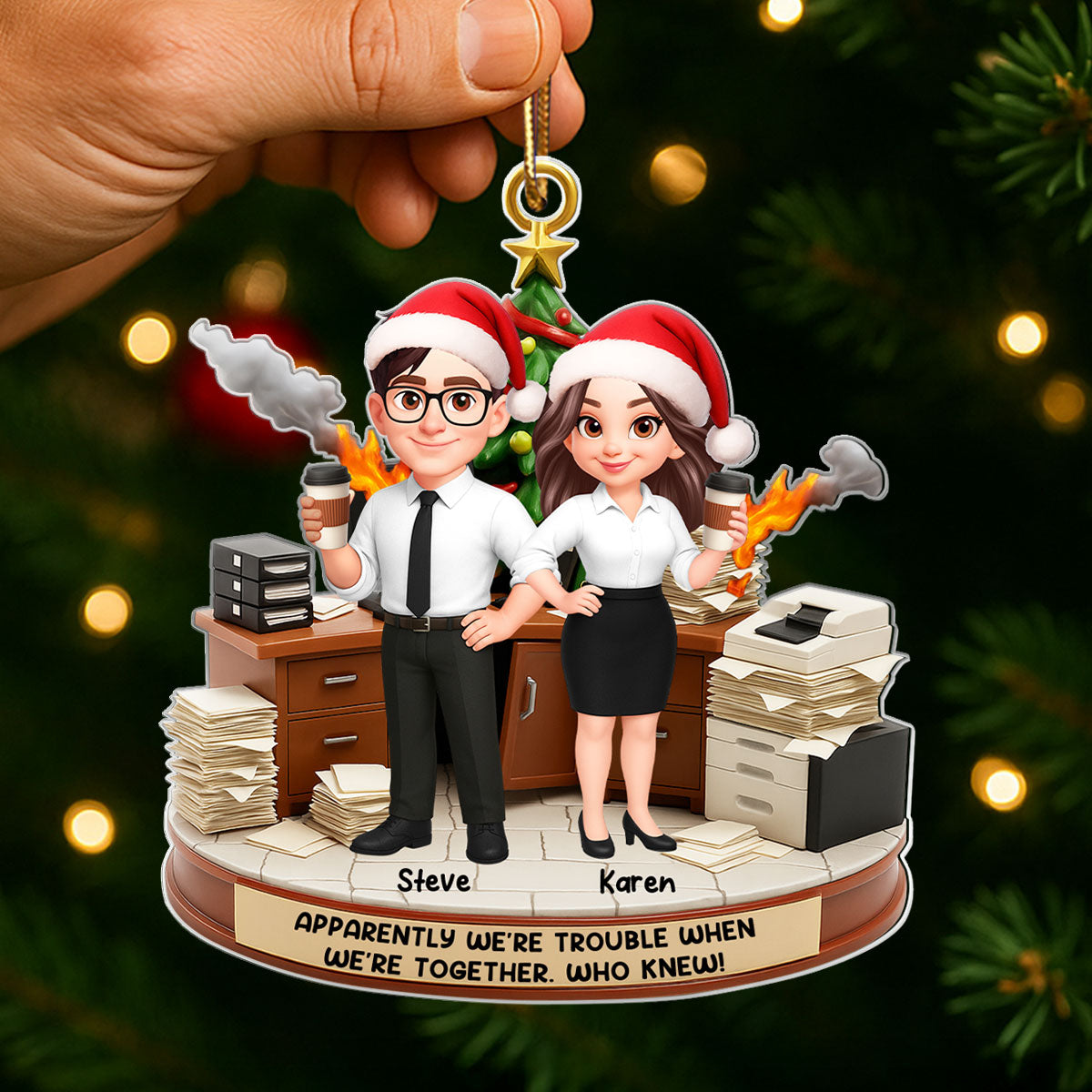 Office Chaos Funny Coworkers Trouble Together - Personalized Acrylic Ornament - Custom Employee Gift Exchange, White Elephant Gift