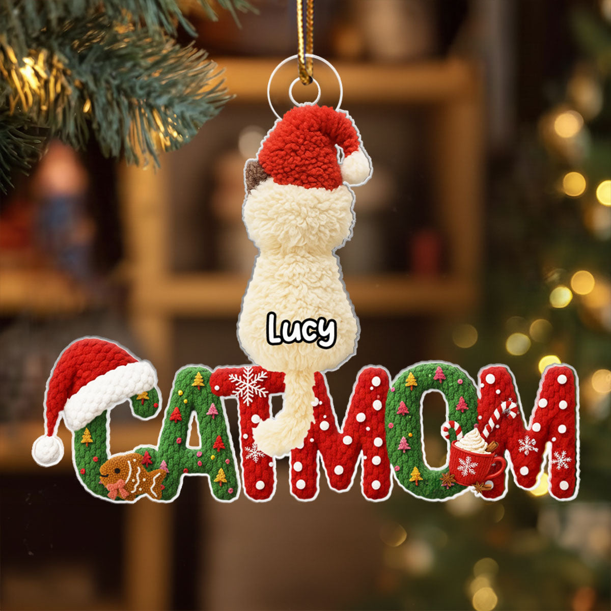 2025 Cat Lovers Latch Hook Yarn Faux - Personalized Acrylic Ornament - Christmas Gift for Cat Moms, Cat Dads