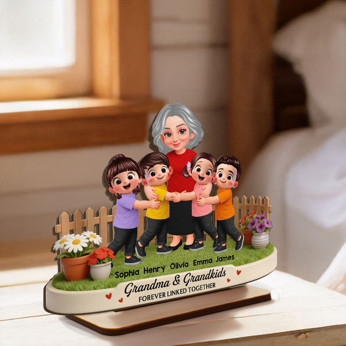 Grandma And Grandkids Happy Together In Backyard - Personalized 2-Layered Wooden Plaque - Gift For Grandma