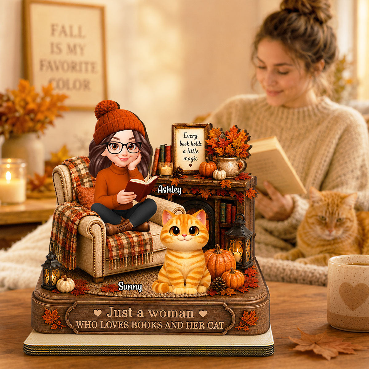 Fall Season Just A Woman Who Loves Books And Cats - Personalized 2-Layered Wooden Plaque - Fall Gift For Book Lovers