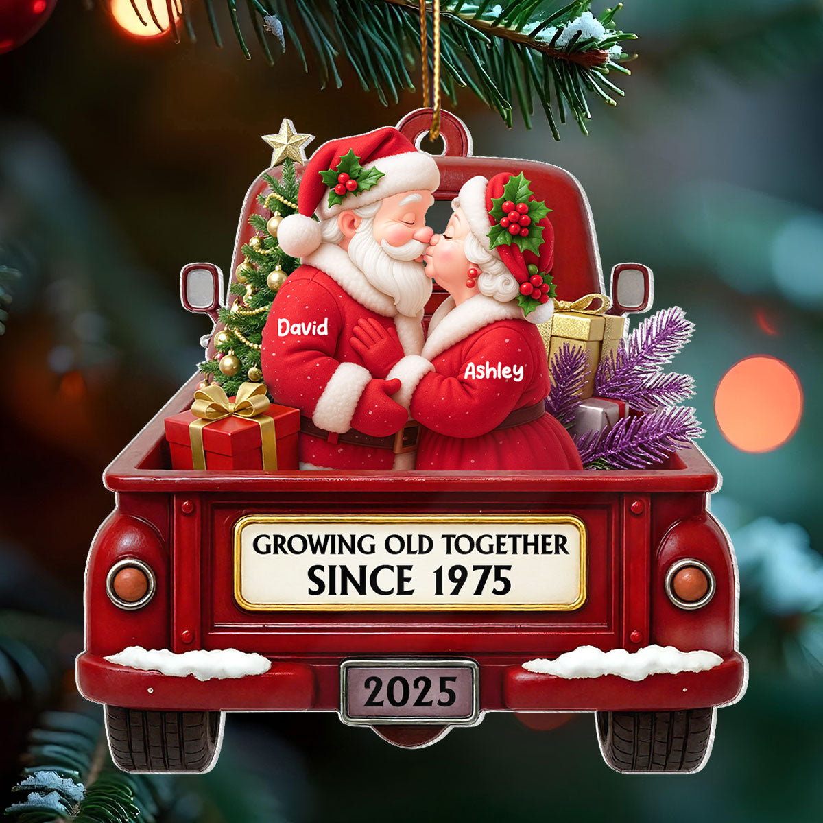 Growing Old Together Santa Couple Red Truck - Personalized Acrylic Ornament - Heartwarming Christmas Gift For Him, For Her, For Couple