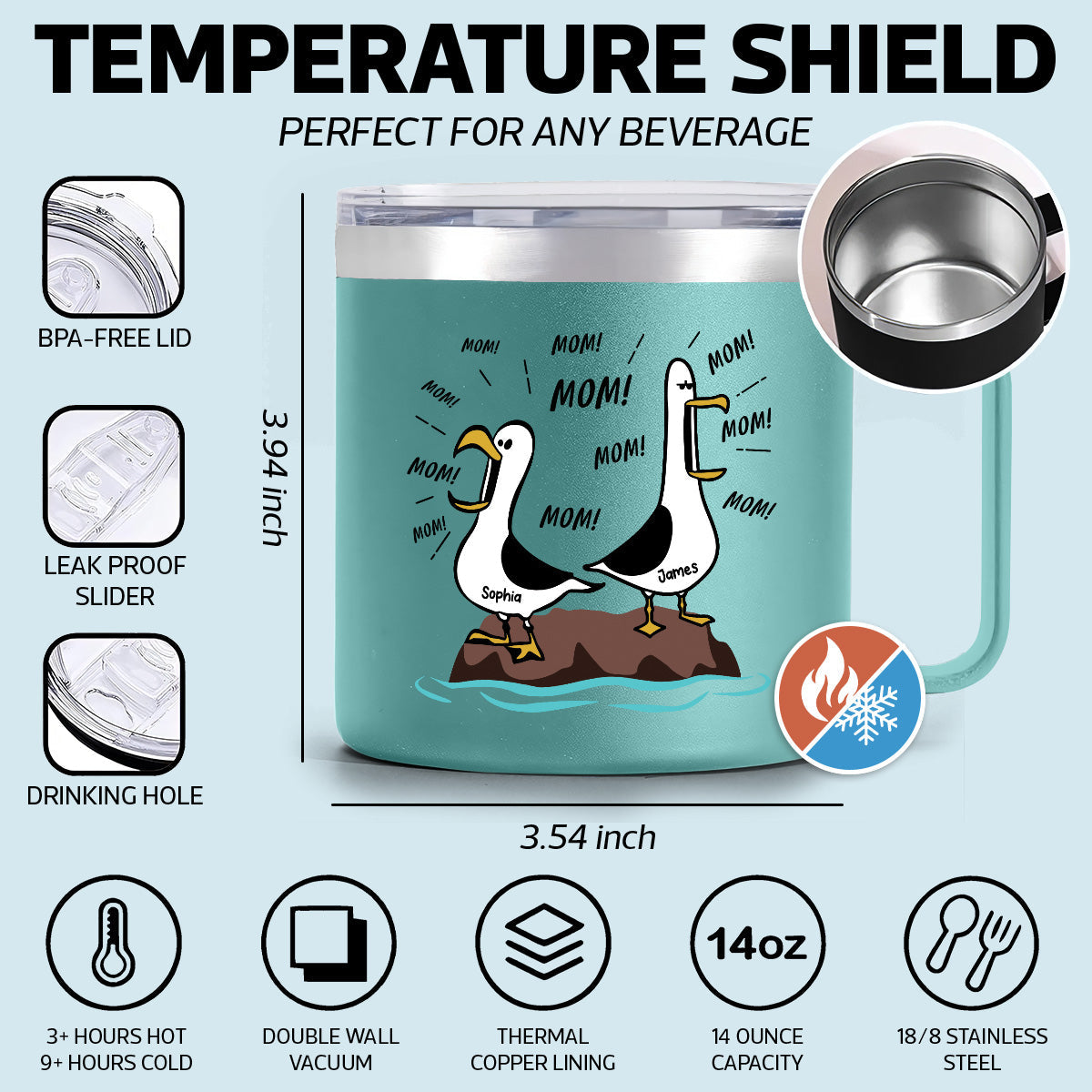 Seagull Mom Mom Mom Custom Name - Personalized Stainless Steel Tumbler With Handle - Funny Mother's Day Gift For Mom