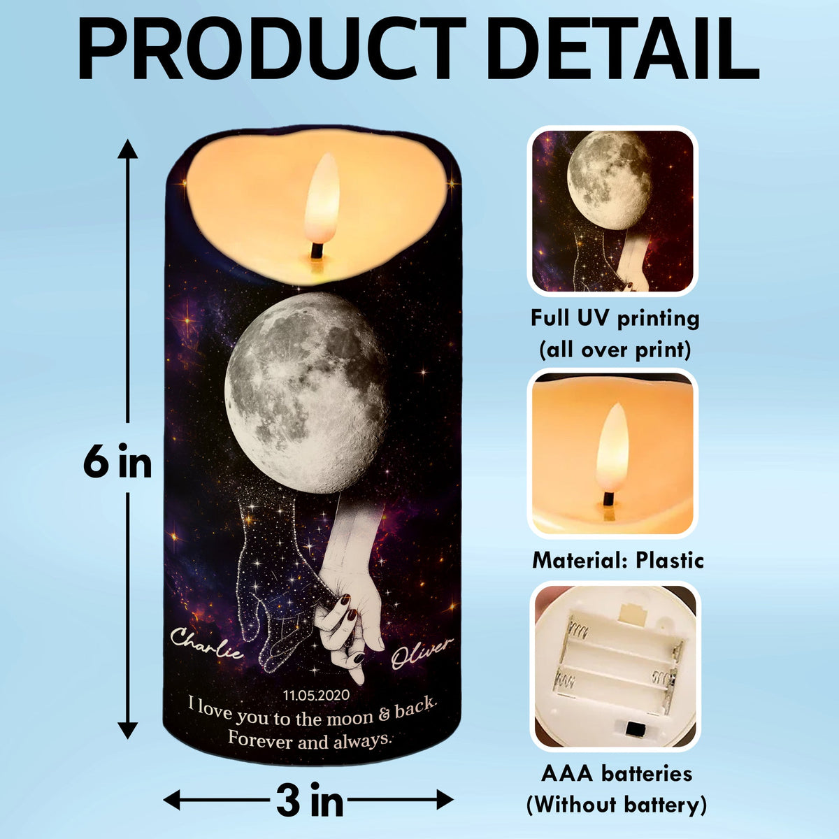 Lost Loved One Holding Hands Moon Phase - Personalized LED Candle - Memorial Gift, Remembrance Keepsake
