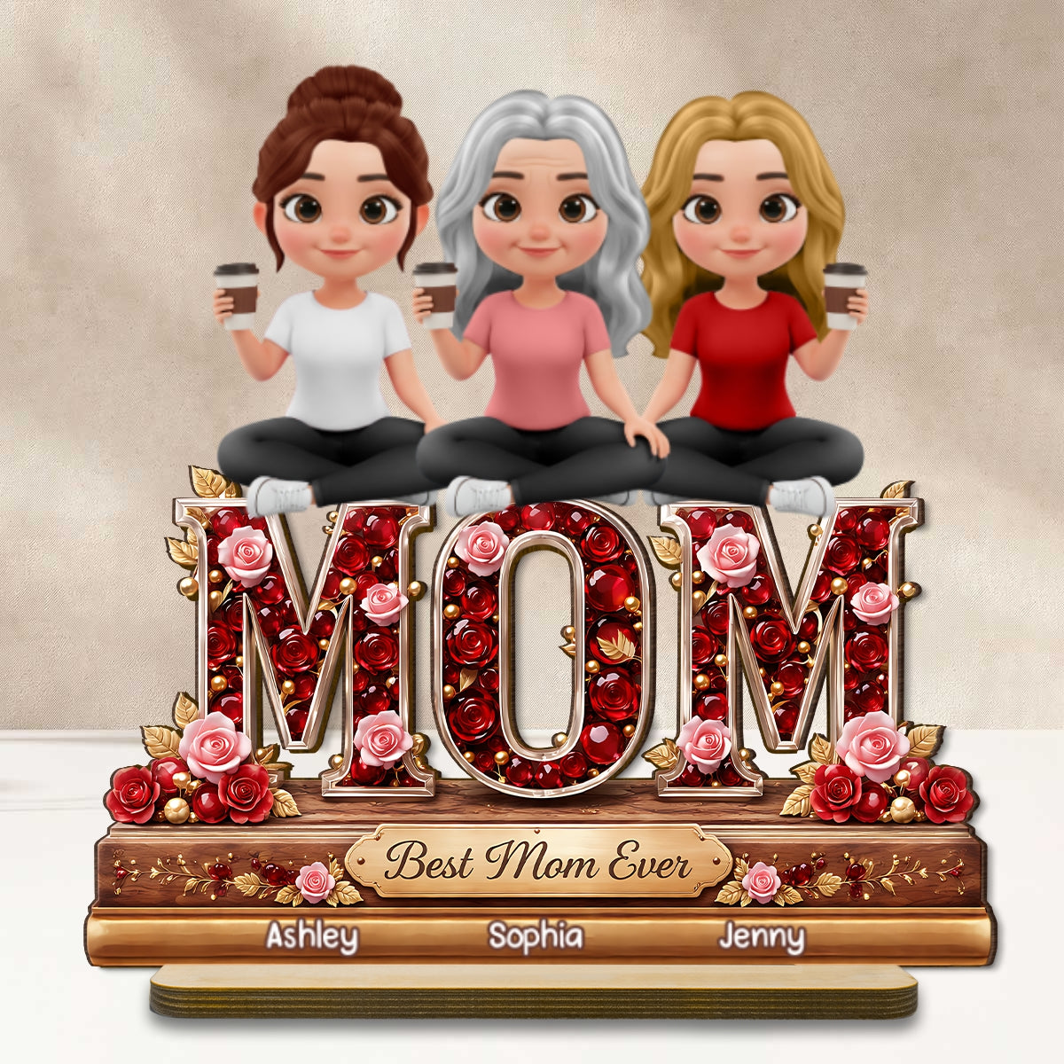 Best Mom Ever Mom And Daughters - Personalized 2-Layered Wooden Plaque - Heartfelt Gift For Mom, Grandma