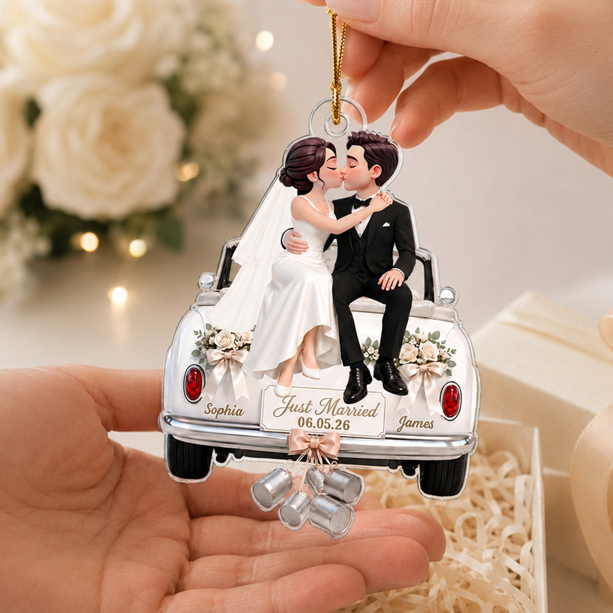 Groom Bride Sitting On Wedding Car 2D Flat - Personalized Acrylic Ornament - Wedding Keepsake