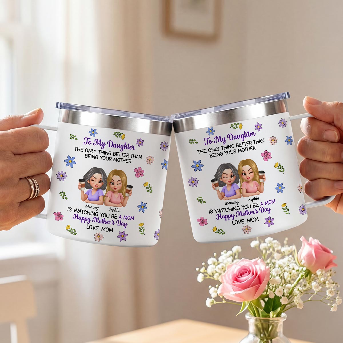 To My Daughter Floral 2D Flat - Personalized Tumbler With Handle - Heartfelt Mother's Day Gift For Daughter