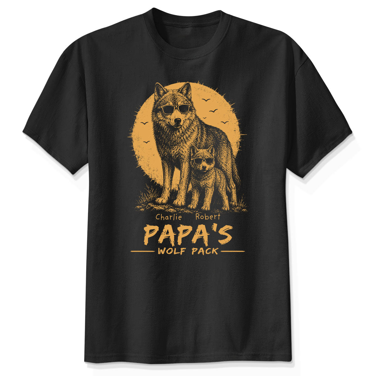 Retro Yellow Vintage Dad Grandpa Papa Wolf Pack - Personalized Shirt - Father's Day Gift For Dad, Husband