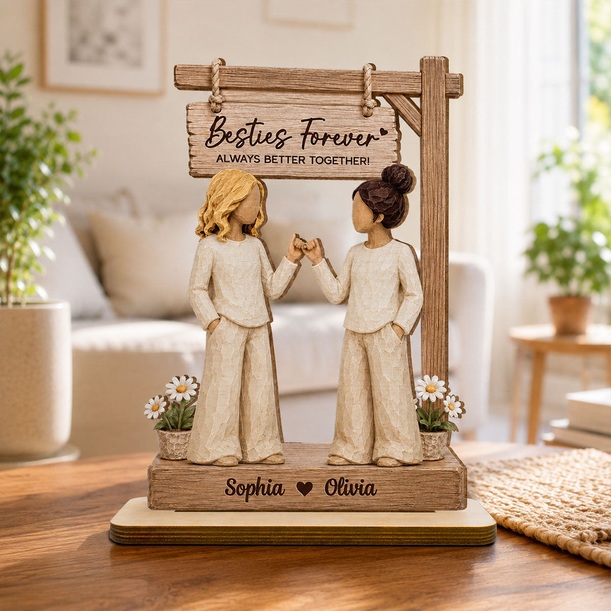 Besties Forever Pinky Promise Under Sign Post 2D Flat - Personalized 2-Layered Wooden Plaque - Friendship Keepsake
