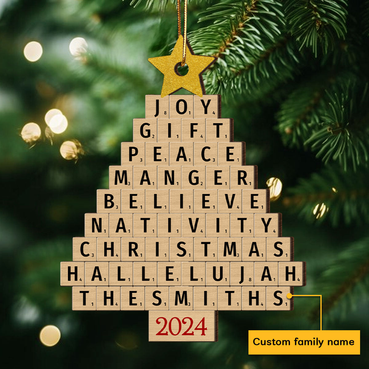Joy Gift Peace Manger Scrabble Christmas Tree Personalized Wooden Ornament, Custom Family Name, Christmas Gift for Loved Ones