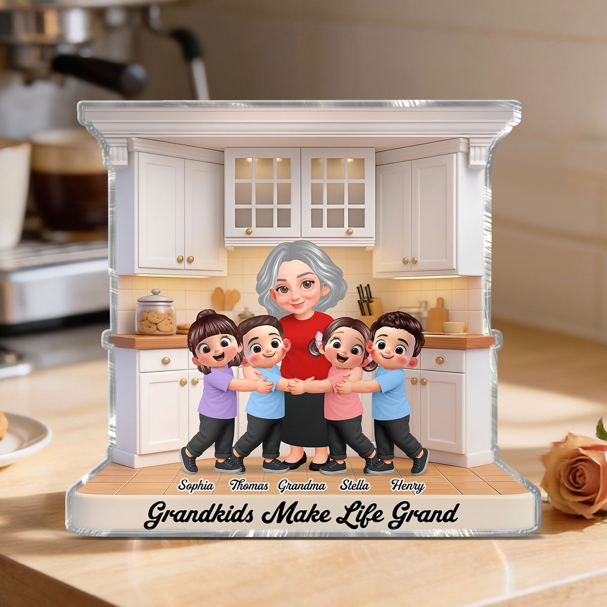 Grandma And Grandkids Happy Together In The Kitchen - Personalized Acrylic Block Plaque - Gift For Grandma