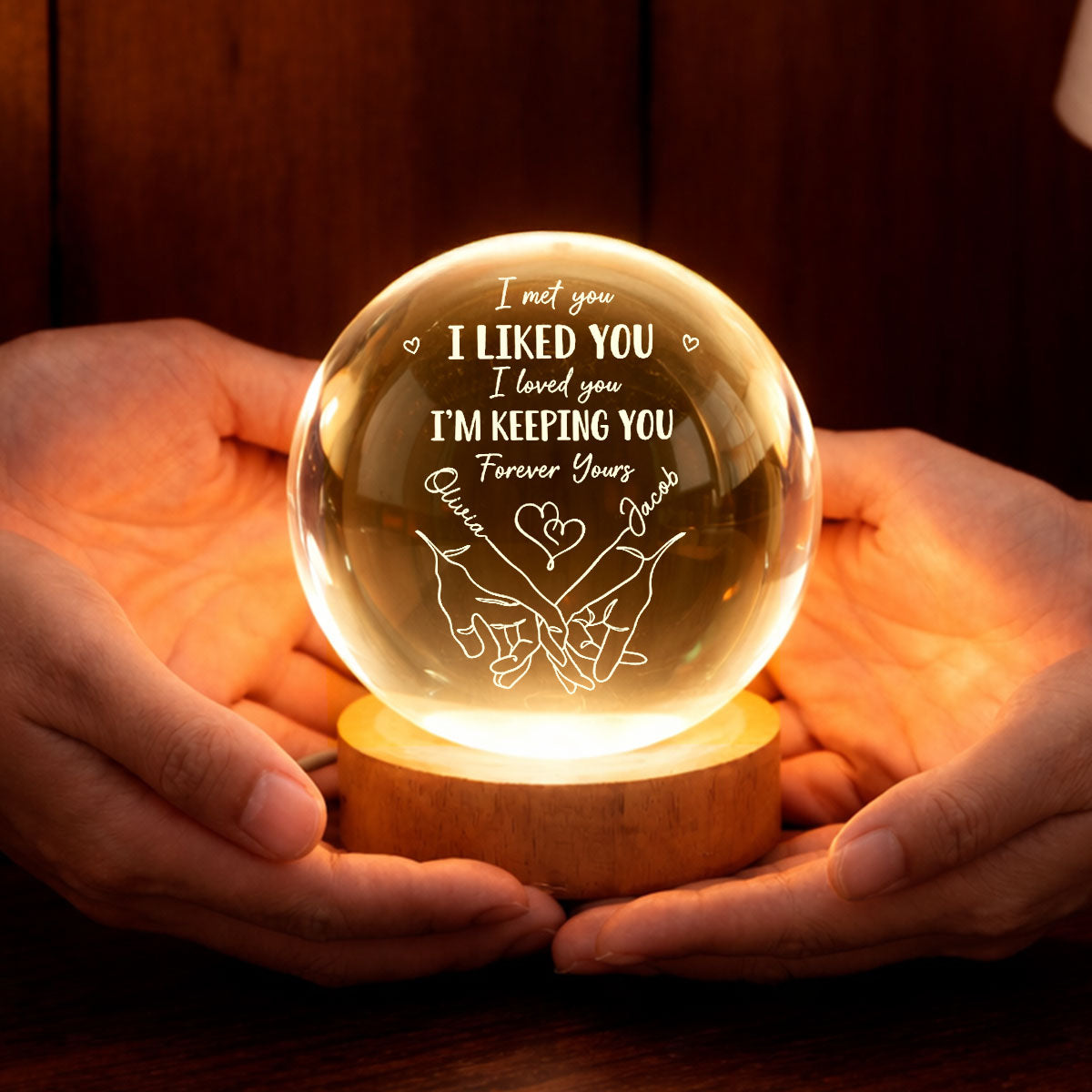 Couple Interlocked Hands I Met You I Loved You - Personalized Crystal Ball LED Night Light - Sentimental Gift for Her, for Him, Couple Keepsake