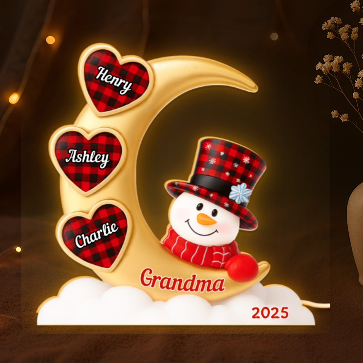Snowman Grandma And Grandkids On Moon - Personalized Light box - Perfect Christmas Gift for Grandma