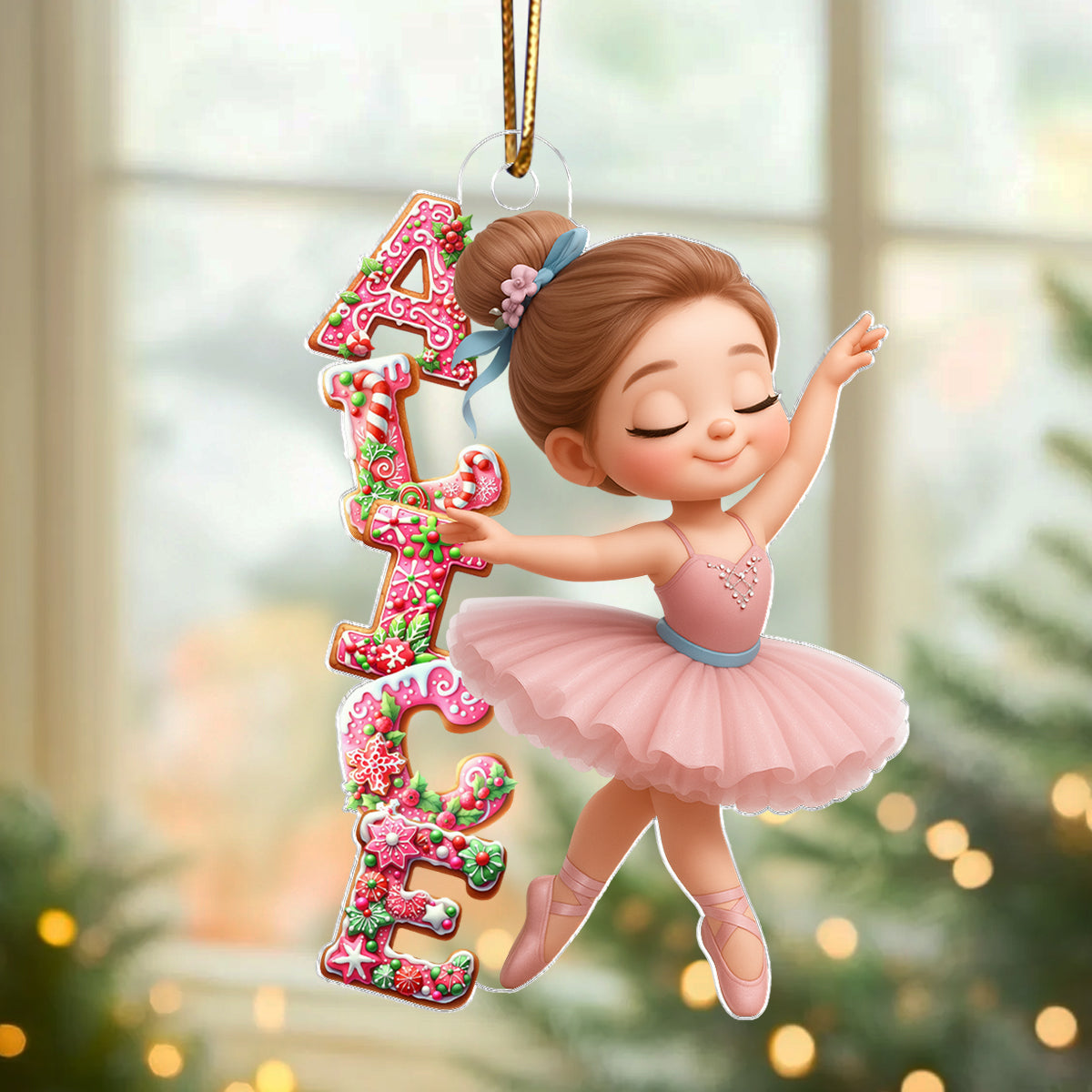 Little Girl Balletina Dance Custom Name Pink Gingerbread Pattern - Personalized Acrylic Ornament - Heartwarming Christmas Gift For Kid