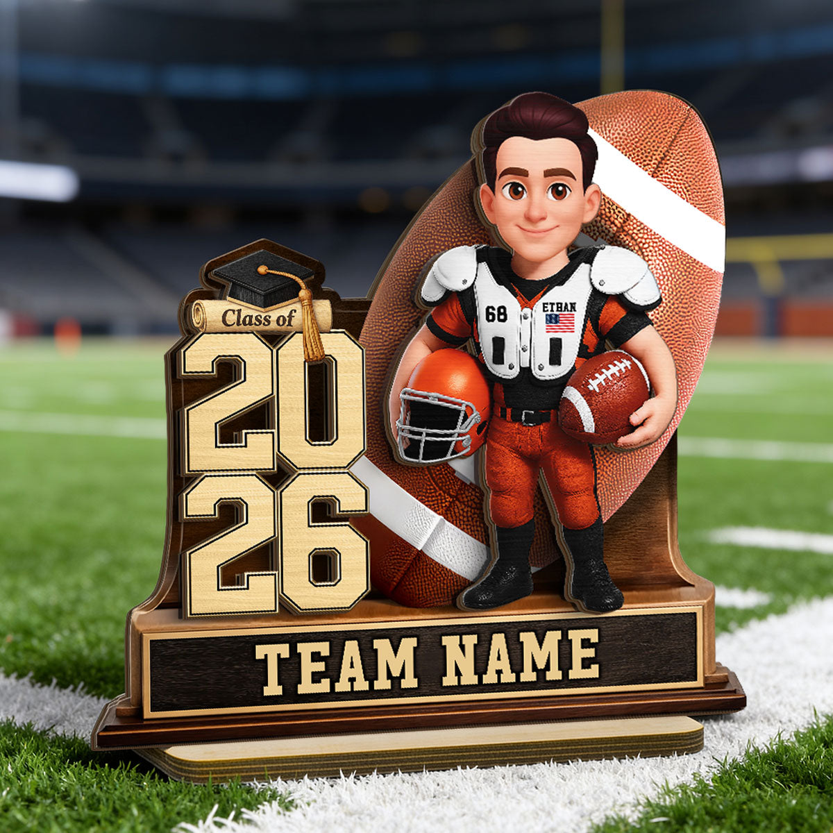 American Football Senior Keepsake 2D Flat - Personalized 2-Layered Wooden Plaque - Graduation Gift For Son, Daughter