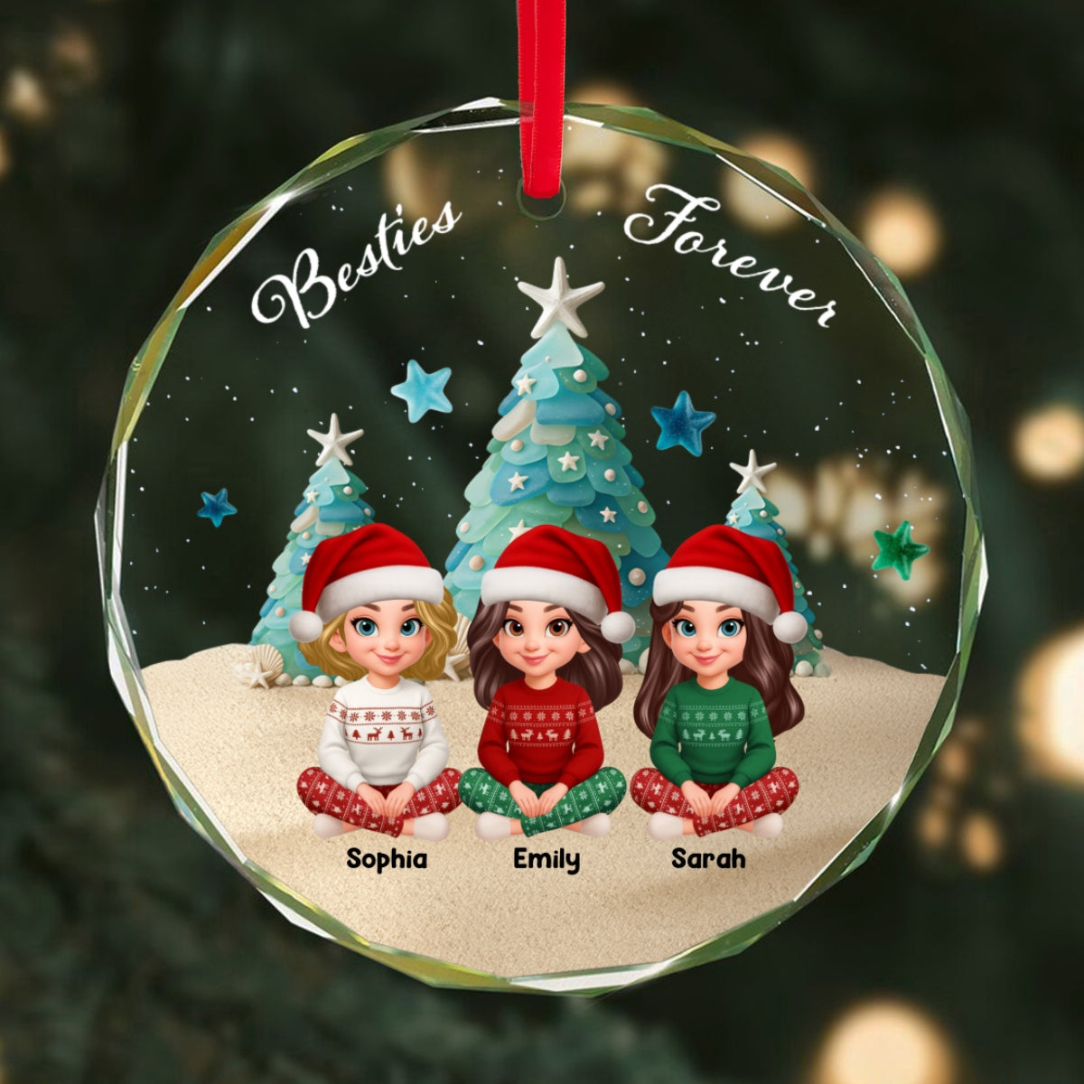 3D Sea Glass Effect Christmas Tree Beautiful Besties Forever - Personalized Glass Ornament - Gift For Best Friends