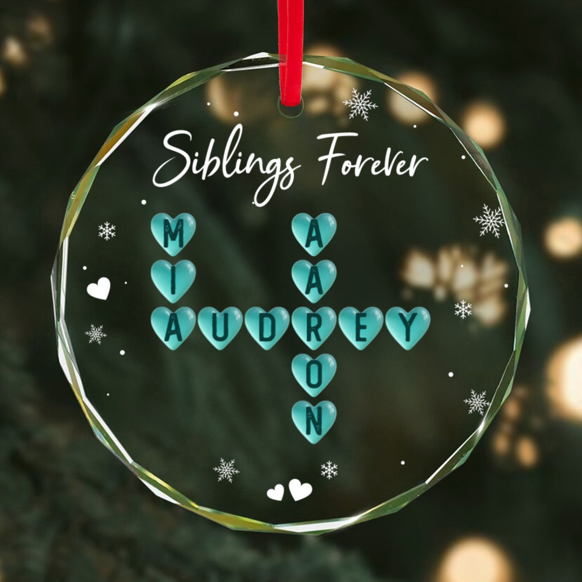 Siblings Forever Heart Sea Glass 3D Inflated Effect Crossword Puzzle Art - Personalized Glass Ornament