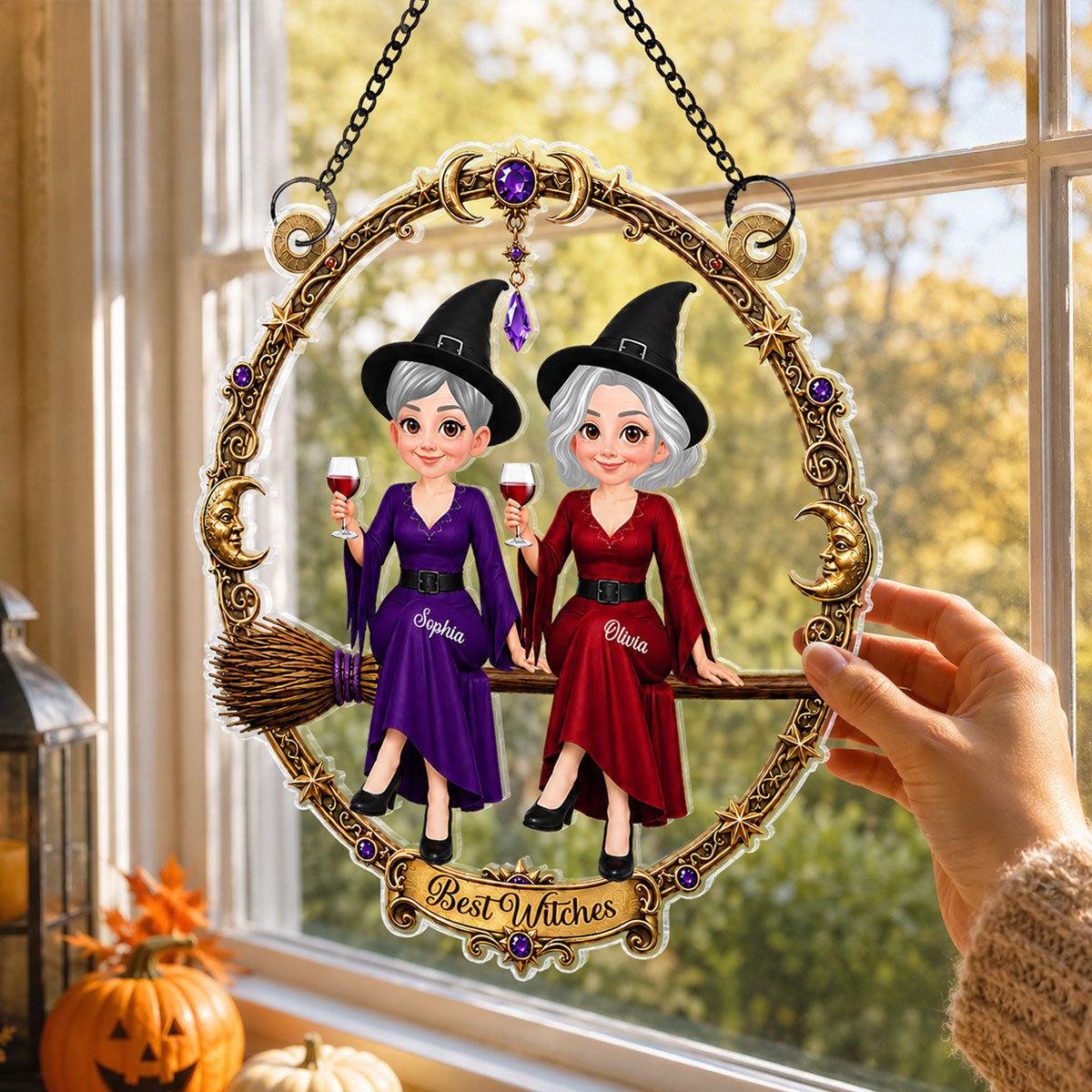 Besties Witches Sitting On Broom - Personalized Acrylic Window Hanger - Halloween Decoration