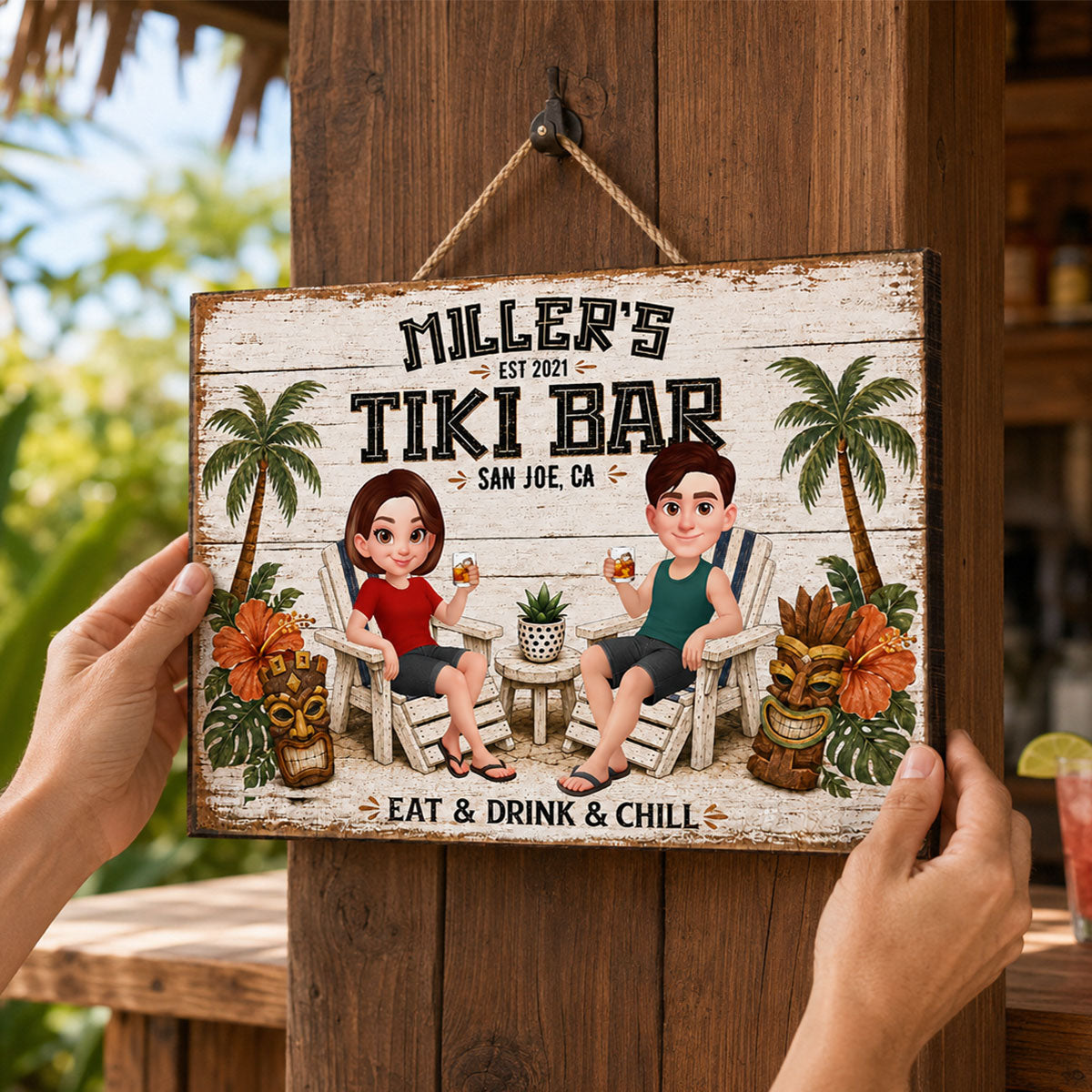 Custom Couple Tiki Bar - Personalized Wooden Sign - Outdoor Home Bar Decor, Eat Drink & Chill Sign, New Home Gift