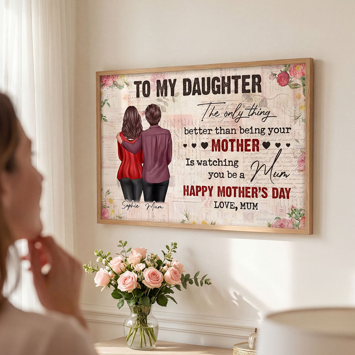 To My Daughter From Mum Vintage Floral Newspaper - Personalised Poster - UK Mother's Day
