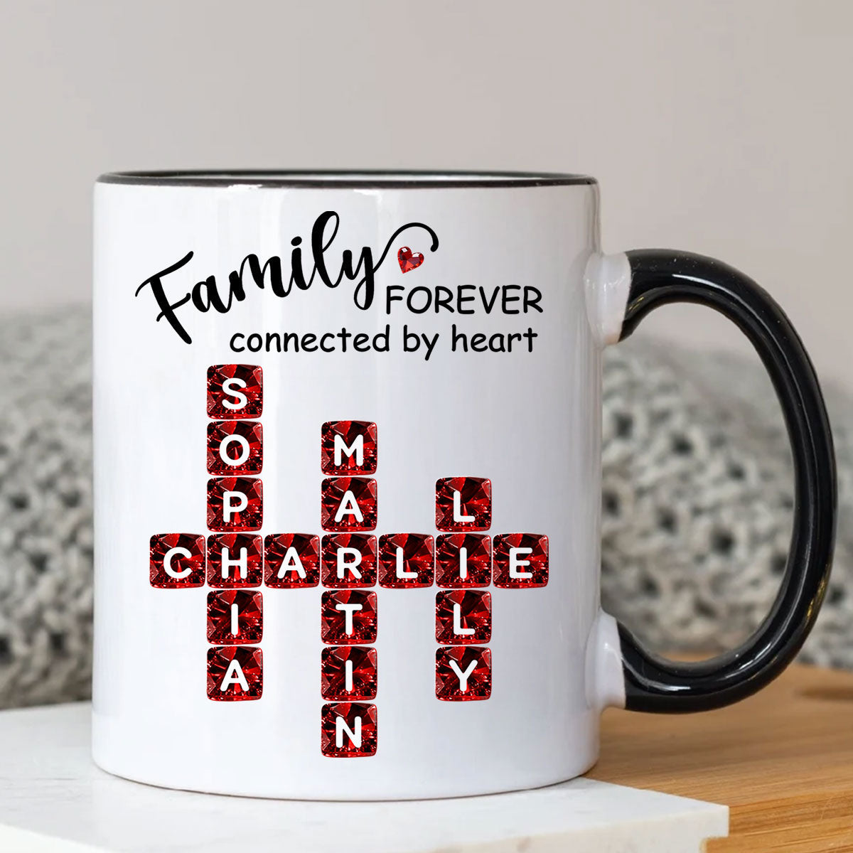 Family Forever Connected by Heart 3D Crystal Crossword - Personalized Mug - Sentimental Gift for for Loved Ones