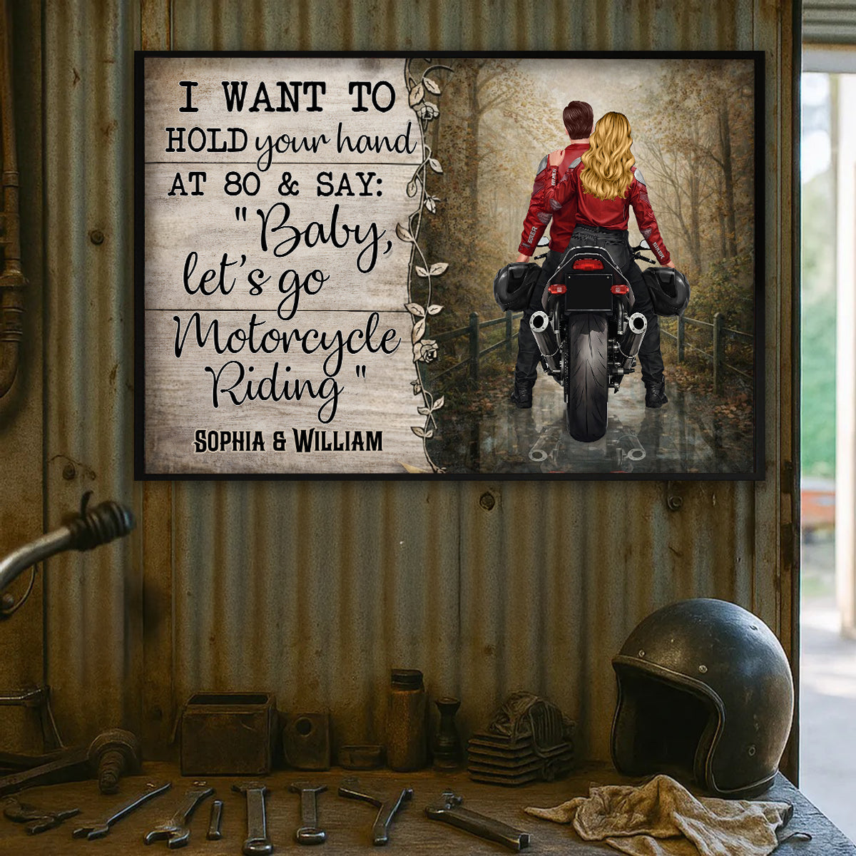 Hold Your Hand at 80s and Go Motorcyle Riding Biker Couples - Personalized Poster - Anniversary Gift for him, for her