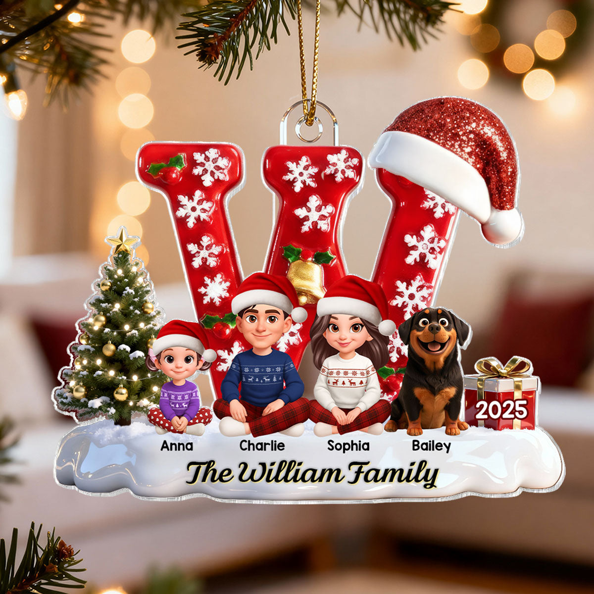 3D Effect Christmas Festive Family Name Initial Beautiful Family Together - Personalized Acrylic Ornament - Gift For Family