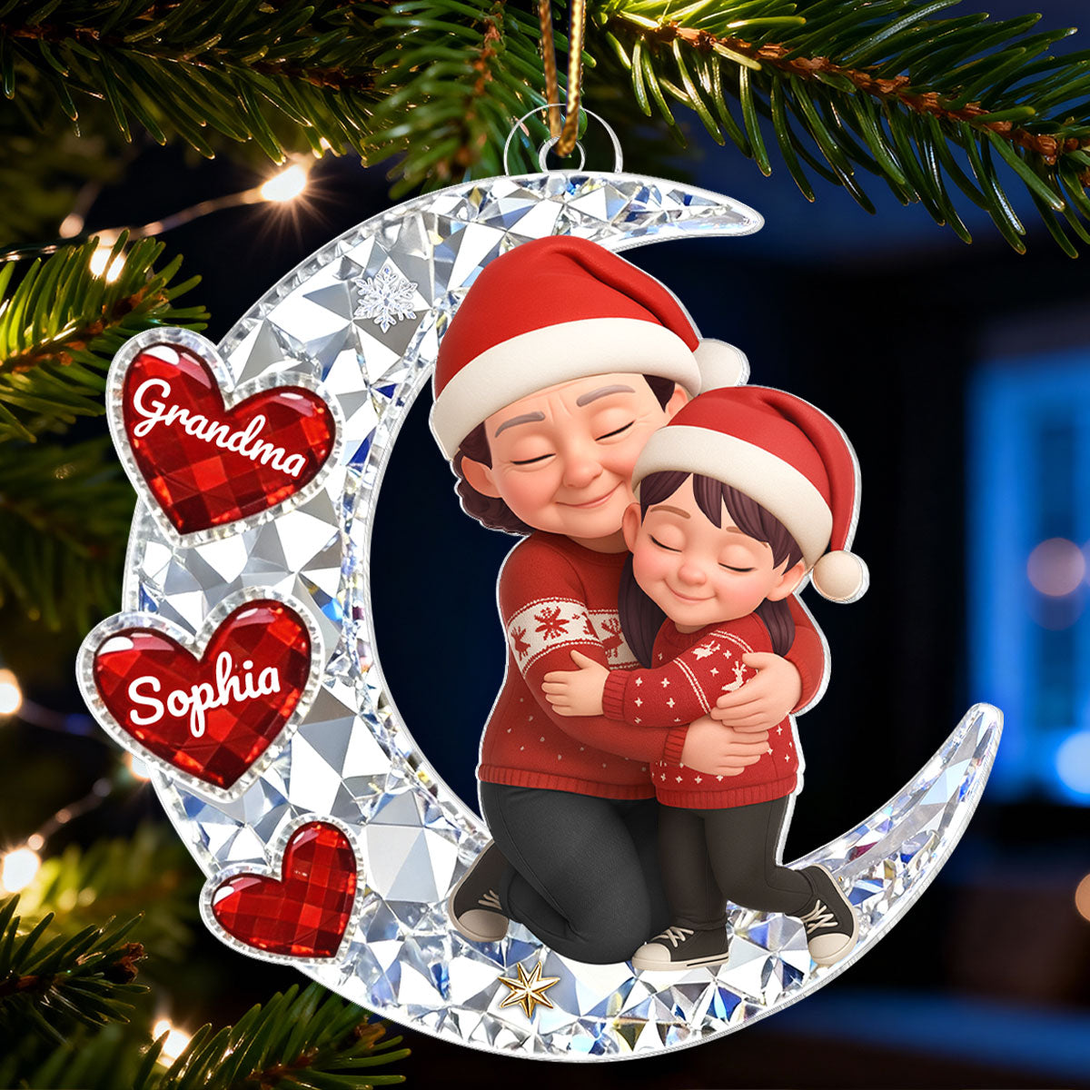 3D Crystal Effect Grandma Grandkid Hugging Moon Heart - Personalized Acrylic Ornament - Christmas Gift for Grandma, Grandkids
