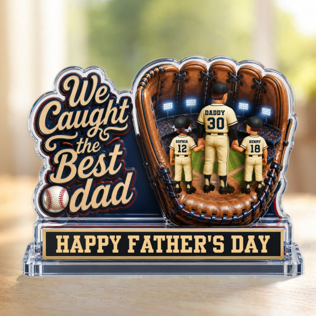 We Caught The Best Dad Dad & Kids In Glove 2D Flat - Personalized Acrylic Block Plaque - Happy  For Baseball Dad