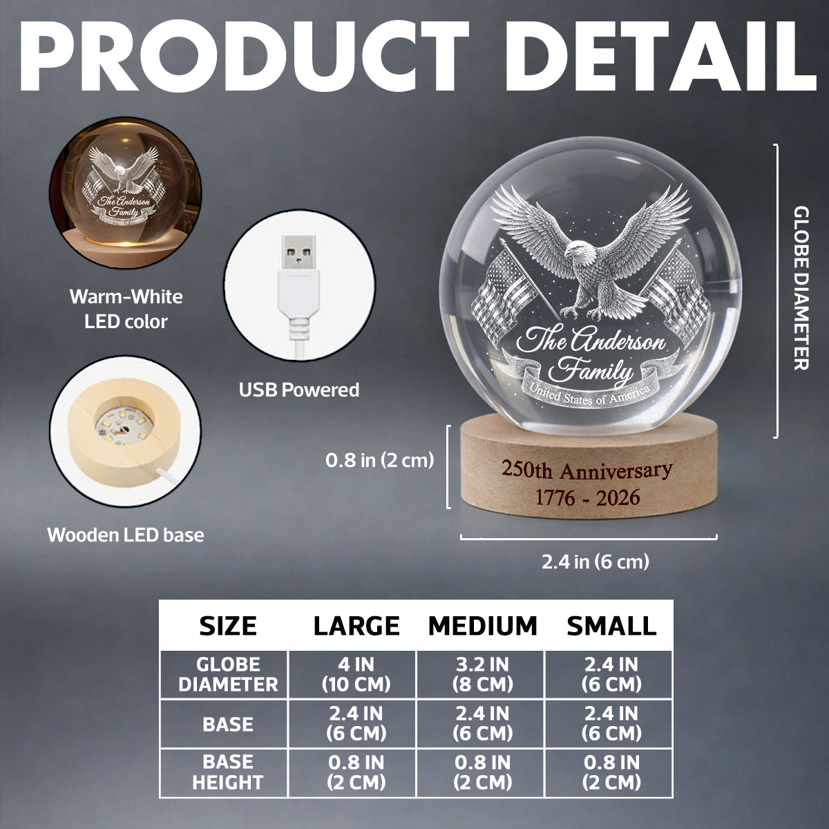 United States of America 250th Anniversary - Personalized Crystal Ball LED Night Light - Custom Family Name