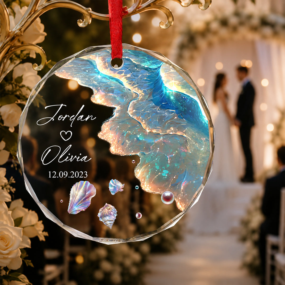 Ocean Wave Custom Engagement Wedding Gift for Couple - Personalized Glass Ornament - Mermaid Tail Keepsake, Mr & Mrs Anniversary Present