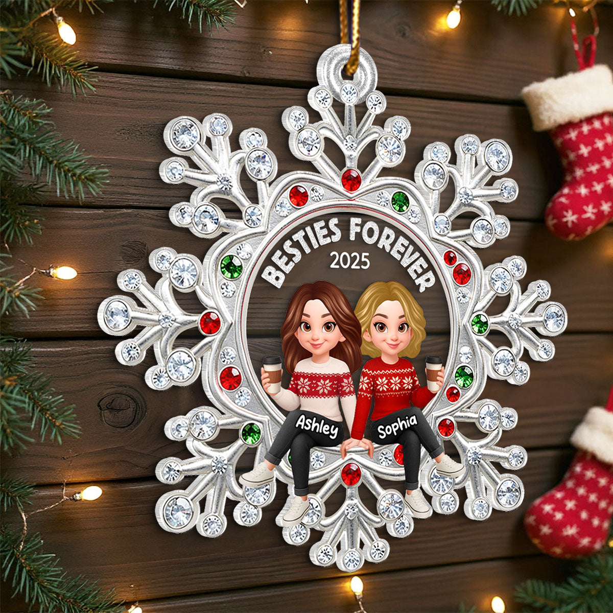 Besties Sitting on Snowflake - Personalized Acrylic Ornament - Christmas GIft for Besties