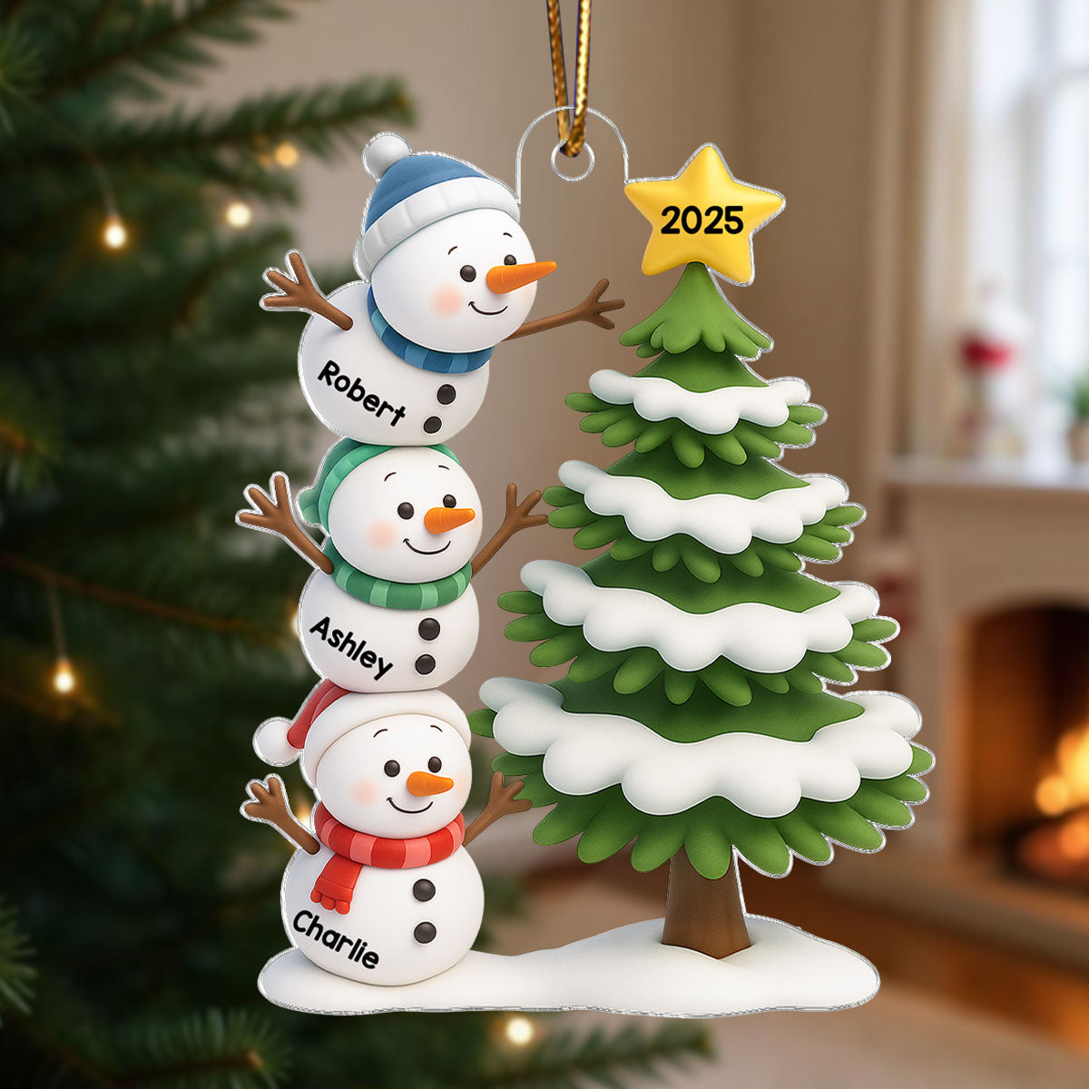 Snowman Family Stack 3D Effect Christmas Tree - Personalized Acrylic Ornament
