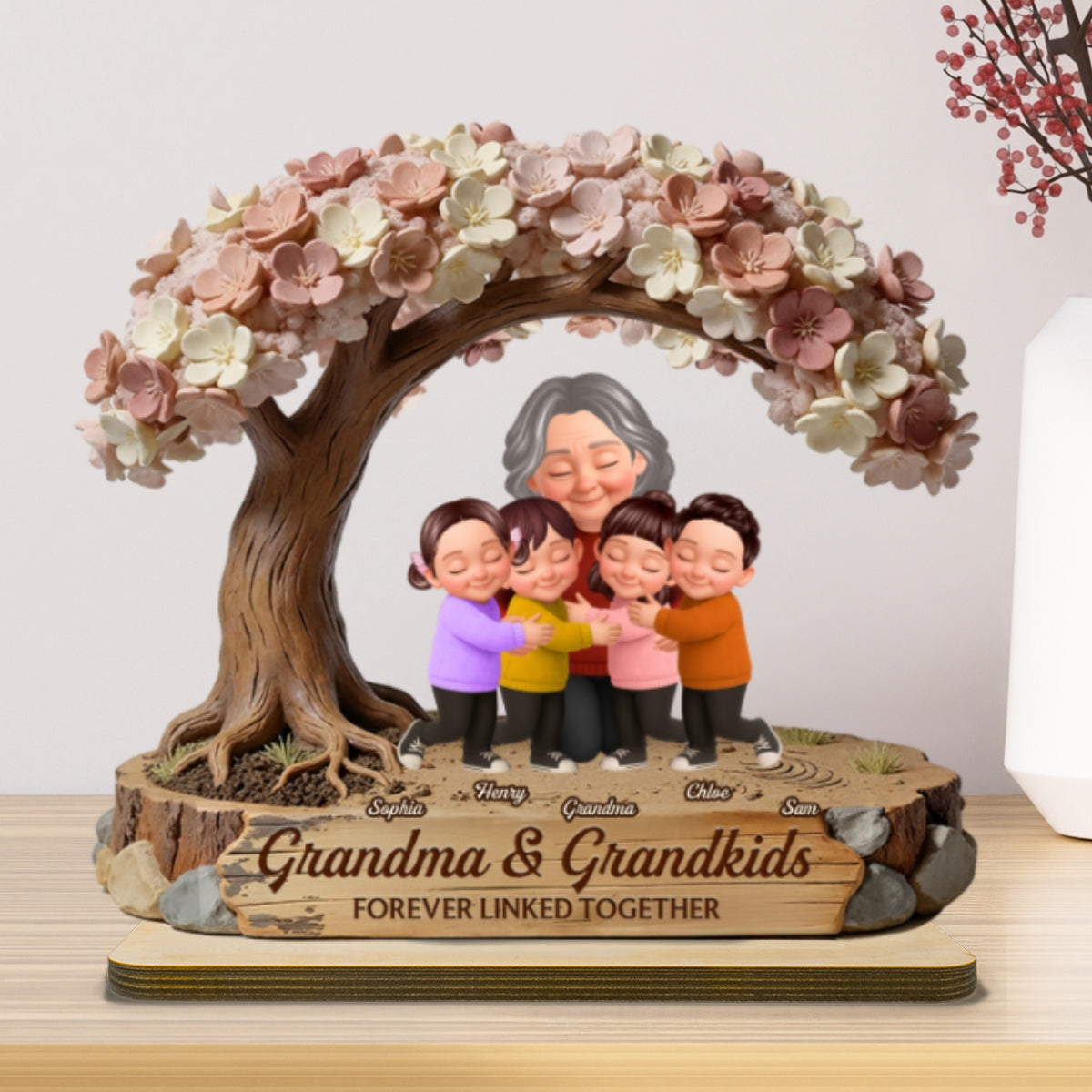 Grandma And Grandkids Under Blossom Tree - Personalized 2-Layered Wooden Plaque - Gift For Mom