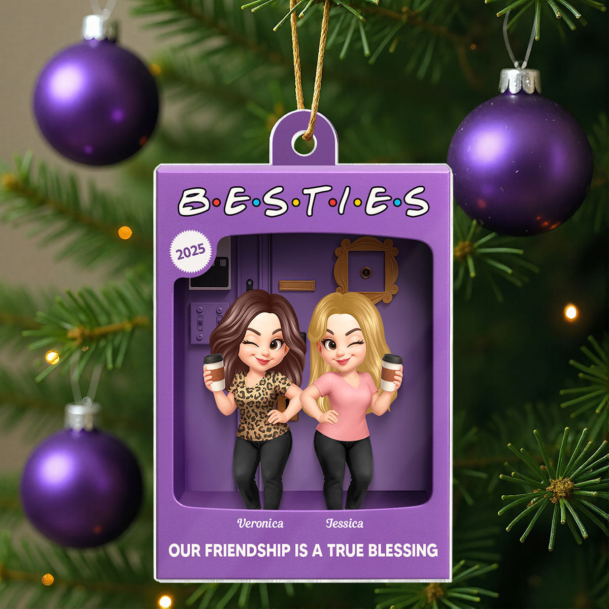 3D Effect Besties Forever Best Friends Purple Toy Box Style Personalized Acrylic Ornament, Christmas Gift For Besties