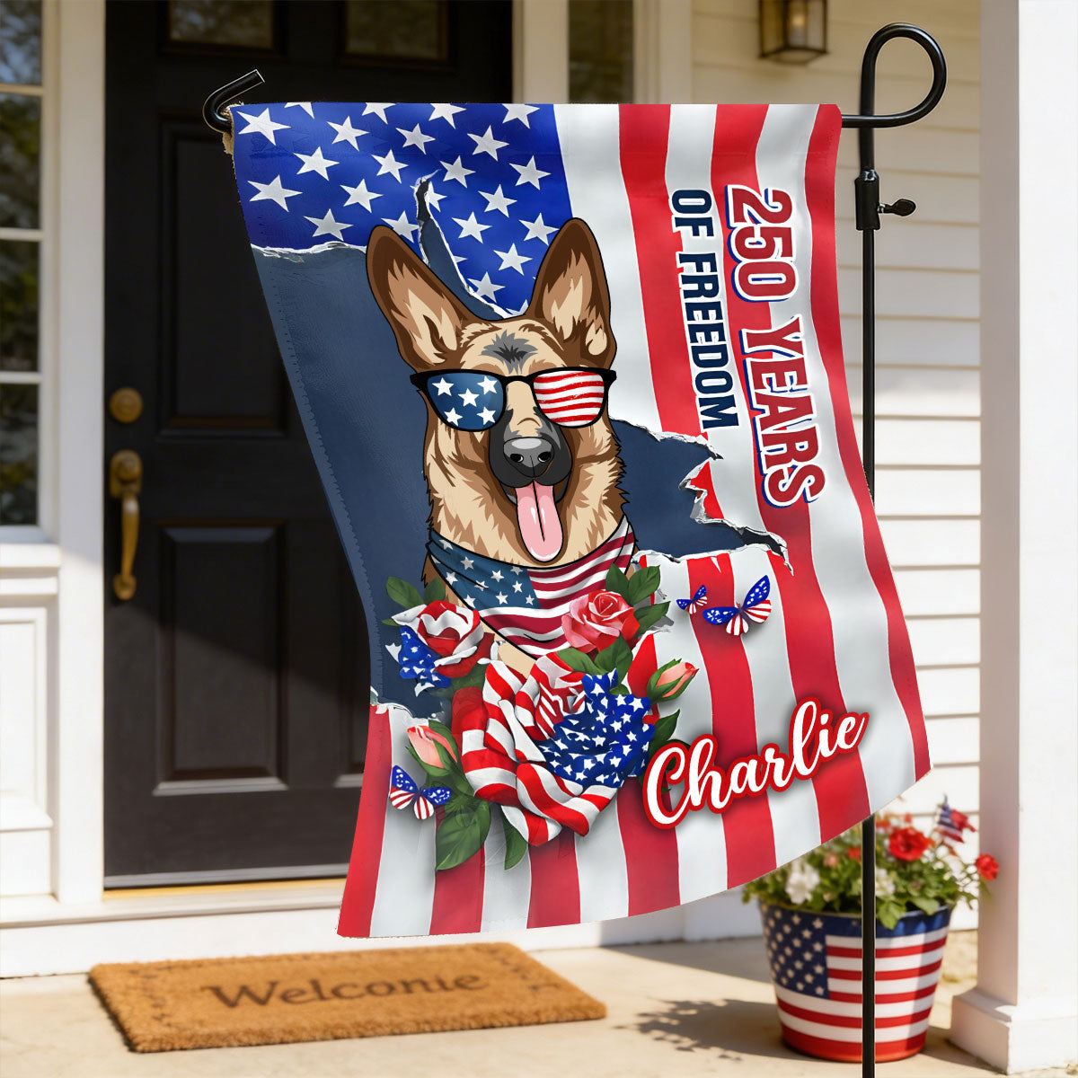 USA 250th Birthday Patriotic Flag Dog - Personalized Garden Flag - Gift For Dog Lovers