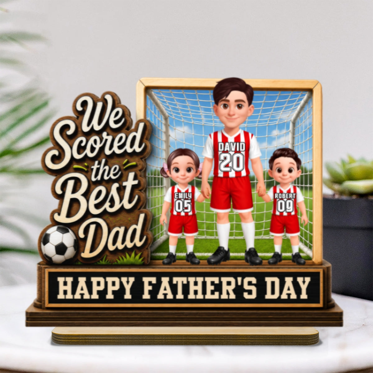 We Scored The Best Dad Dad & Kids In Goal 2D Flat - Personalized 2-Layered Wooden Plaque -  Gift For Soccer Dad, UK Football Dad