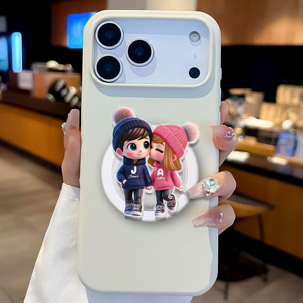 3D Effect Cute Cartoon Couple Walking - Personalized Acrylic Magnetic Phone Grip - Matching Phone Grips for Couples