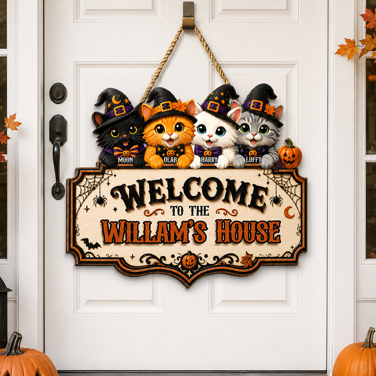 Welcome To Cat House Halloween - Personalized Door Sign - Halloween Decor Gift, Gift For Cat Lovers