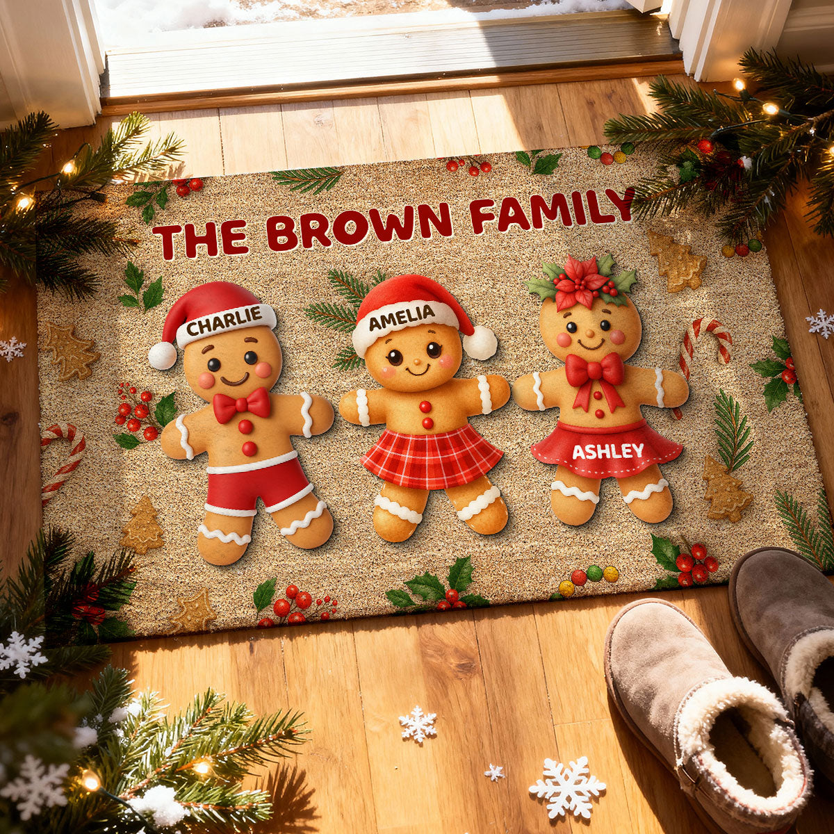 Gingerbread Family - Personalized Doormat - Christmas Gift for Family