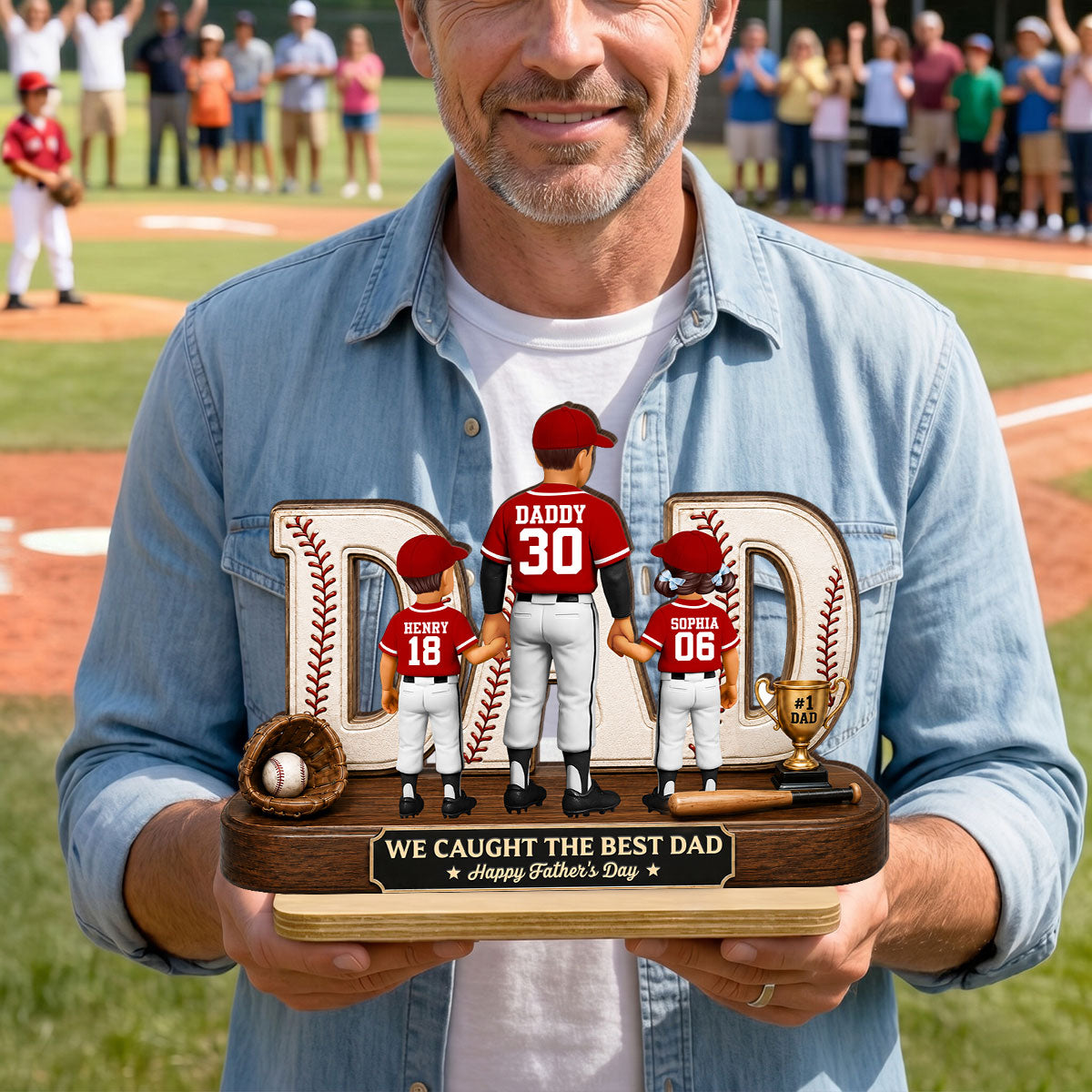 No 1 Baseball Dad Legend We Caught The Best Dad - Personalized 2-Layered Wooden Plaque -  Gift For Dad, Husband