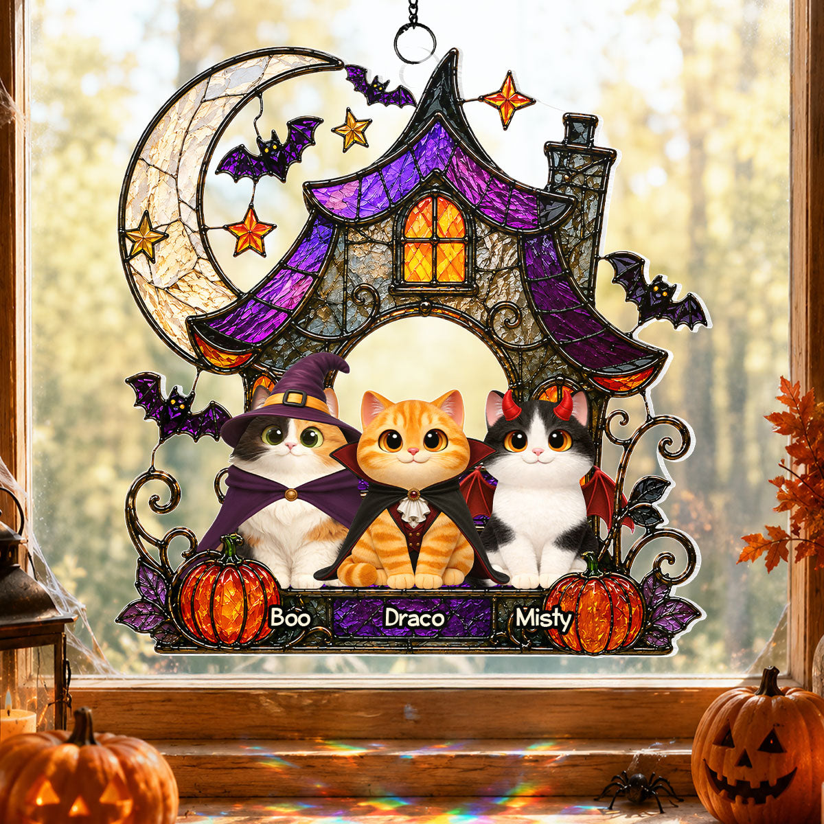 Halloween Haunted House Spooky Cats - Personalized Acrylic Window Hanging - Halloween Gift For Cat Lovers, Halloween Decor