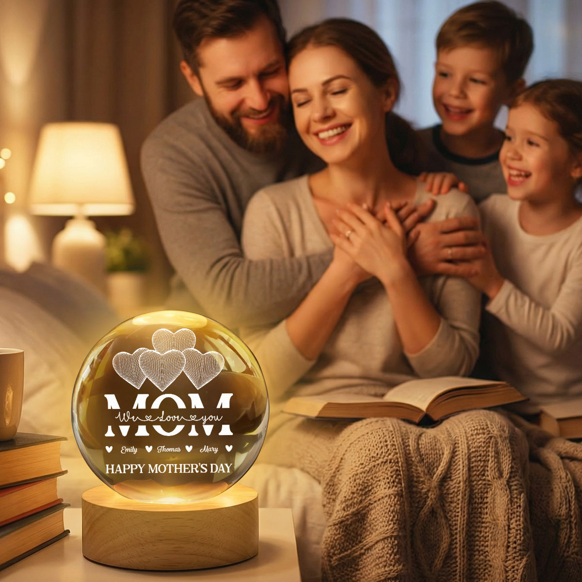 MOM Heart Love - Personalized Crystal Ball LED Night Light - Mother's Day Gift For Mom