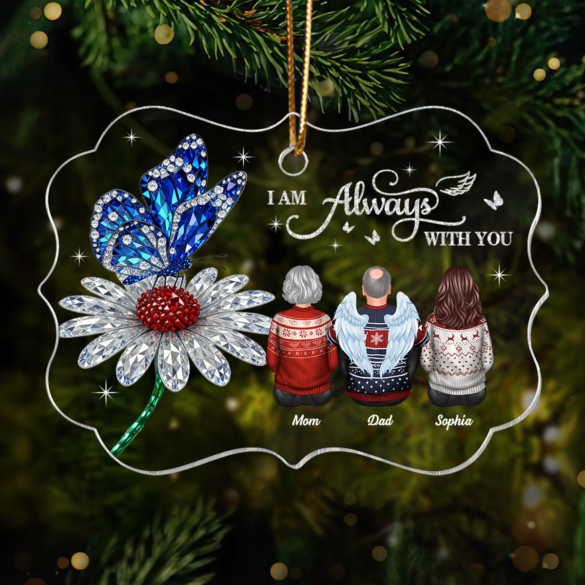 3D Crystal Effect Daisy Butterfly Always With You Family Memorial - Personalized Acrylic Ornament - Remembrance Gift, Sympathy Gift