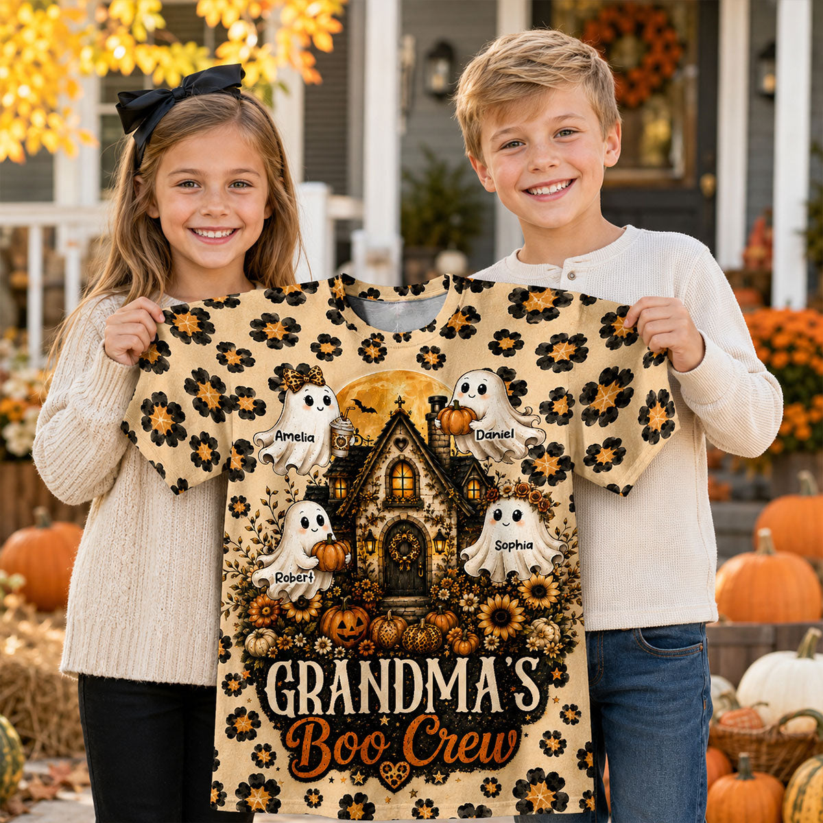 Leopard Style Grandma's Boo Crew - Personalized Shirt - Halloween Fall Season Gift For Grandma, Mom