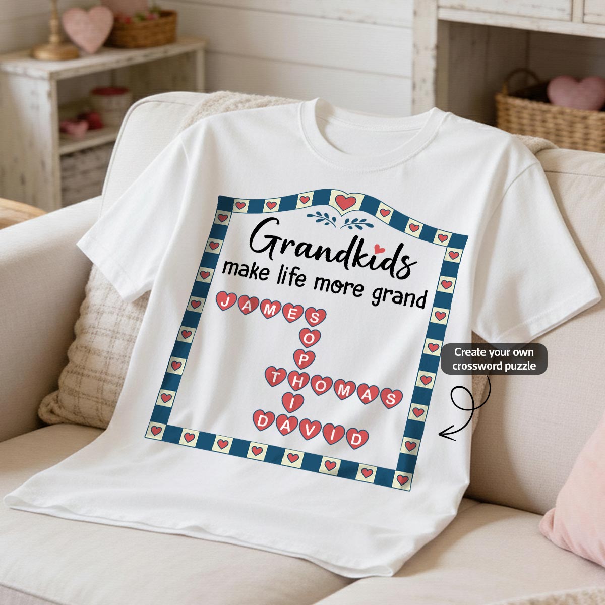 Old School Vintage Grandkids Names Crossword Puzzle Art - Personalized Shirt - Gift For Grandma
