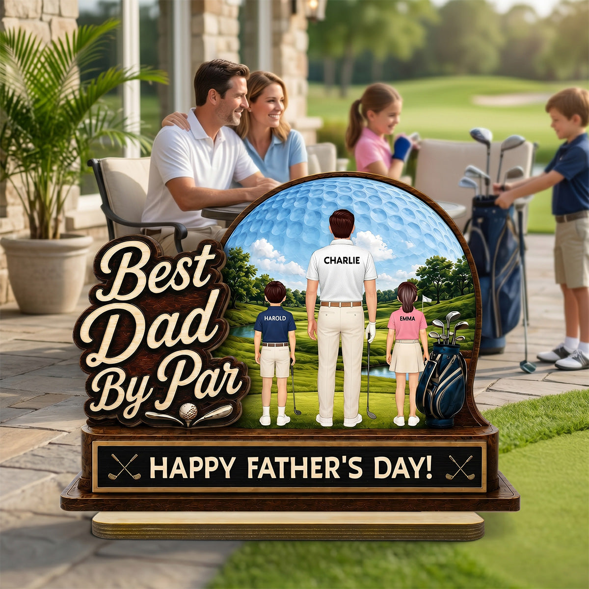 Best Dad By Par Custom Man & Kids Back View - Personalized 2-Layered Wooden Plaque -  Gift For Golf Dad